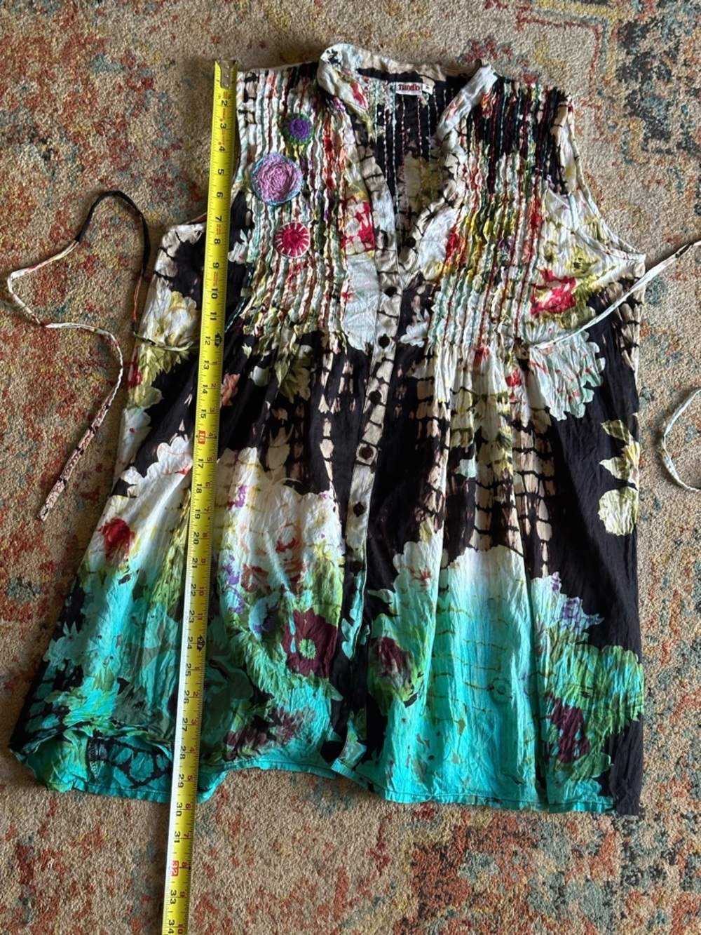 Tianello Sleeveless Boho Tunic in Turquoise & Black with Floral Embroidery - Picture 5 of 6